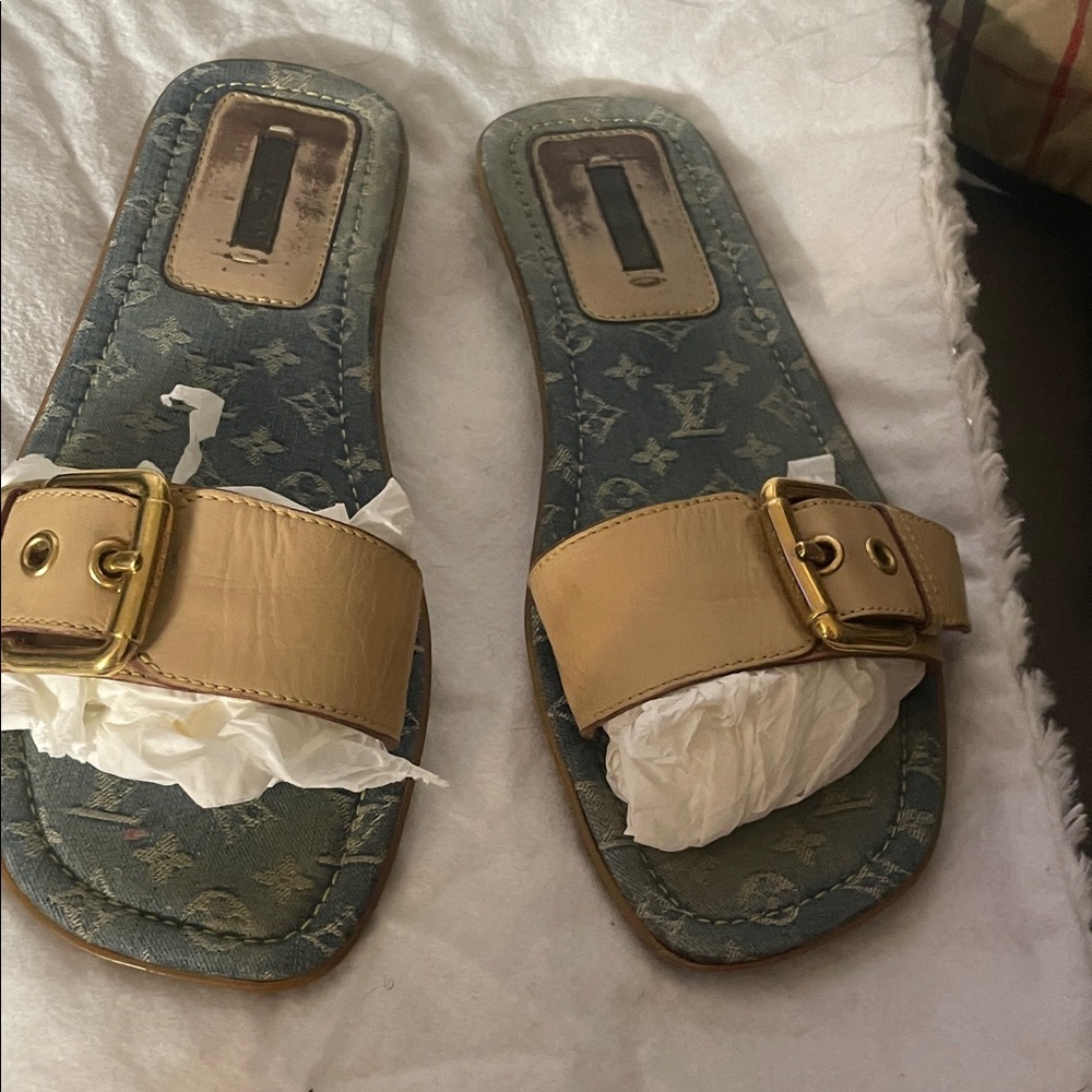 Louis Vuitton Blue Monogram Denim Slides with Tan Leather Strap